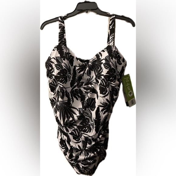 FIT 4 U Tummy Swimsuit Plus Size Women's Black White Hawaiian Print Ruched - Picture 1 of 6